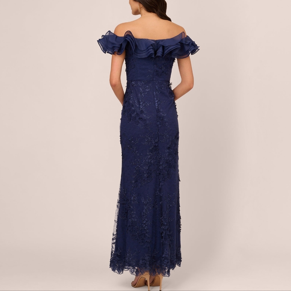 NWT Adrianna Papell Navy Blue Floral Ruffle Off The Shoulder Gown 4 - Picture 5 of 7